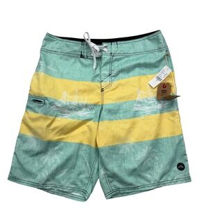 Rusty Boardshorts 32 Turquoise Yellow Striped Swim Trunks bottle opener